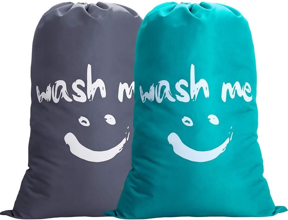 Set van 2 Waszakken 120 Liter voor Vuile Was - Grote Vouwbare Opbergzakken voor Wasgoed, Reiswascontainer en Wasmand - 61 x 92 cm Grijs/Blauw