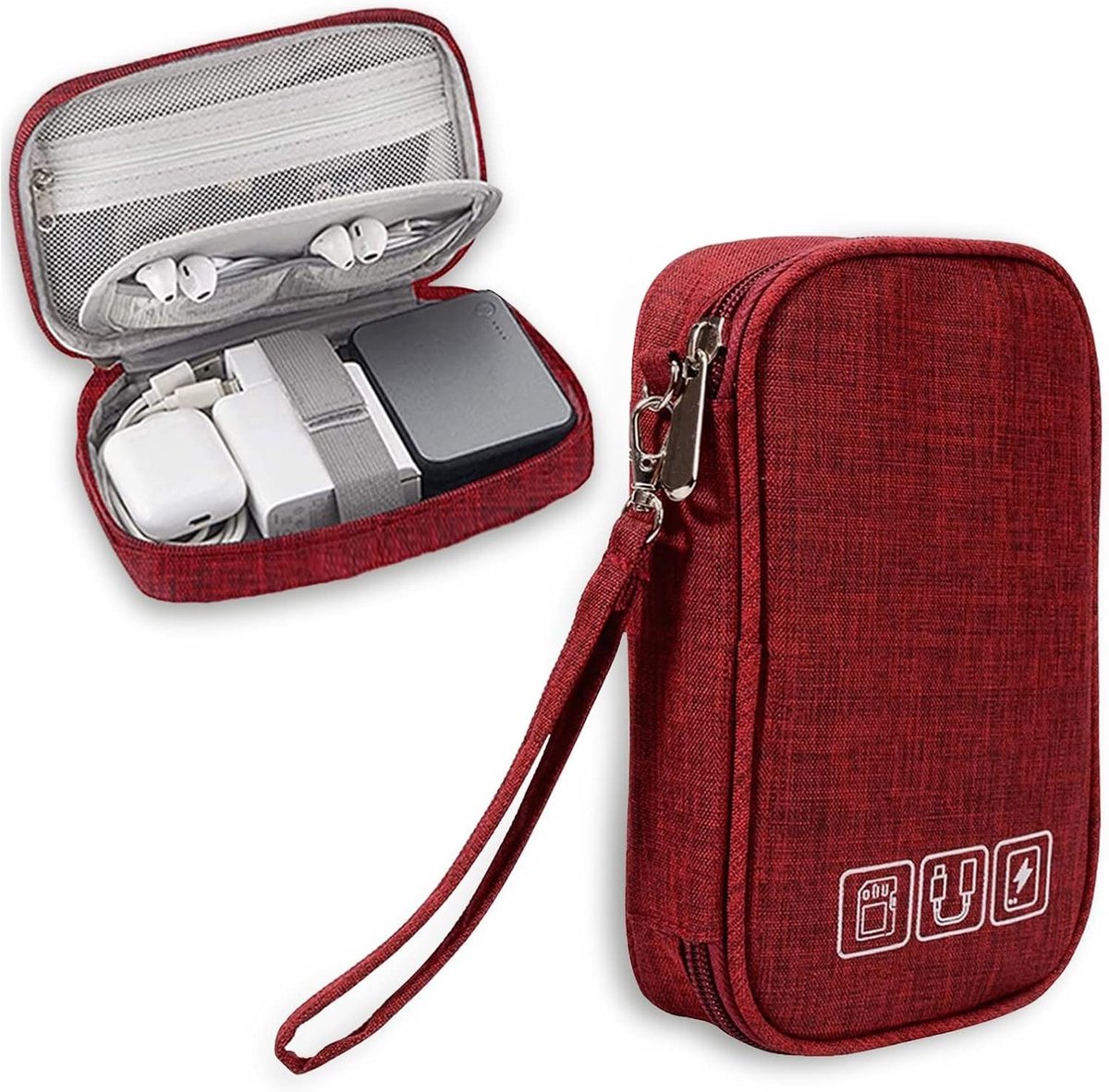 Universele Kabel Organizer Tas voor Reizen - Dubbele Kabeltas en Tech Pouch voor USB, Powerbank en SD Kaarten (Rood)