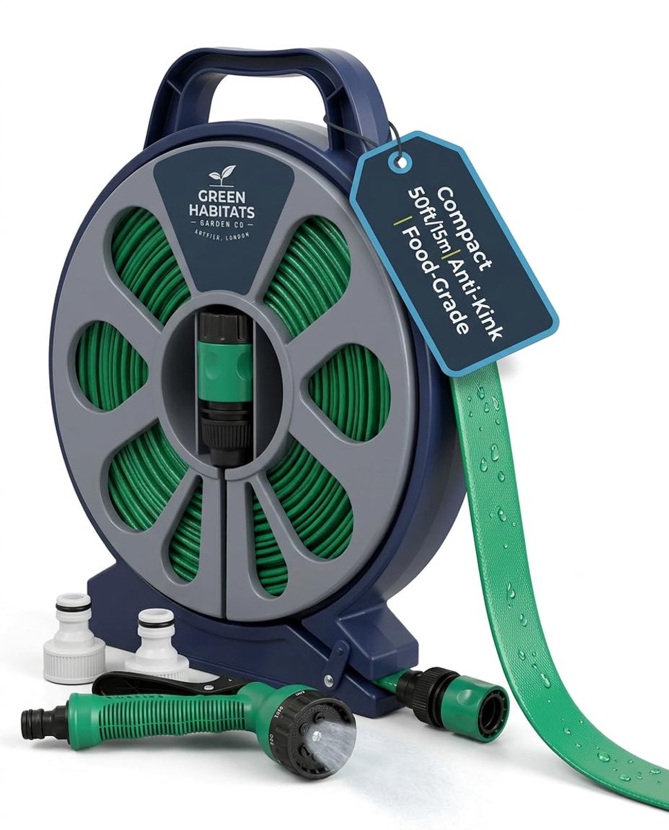 SnelShoppen - Multifunctionele 50ft Platte Tuinslang Pijp & Reel met Spuitpistool - 15m Slang Pijp voor Tuin, Gazon, Patio, Garage, Vloer en Auto Wass