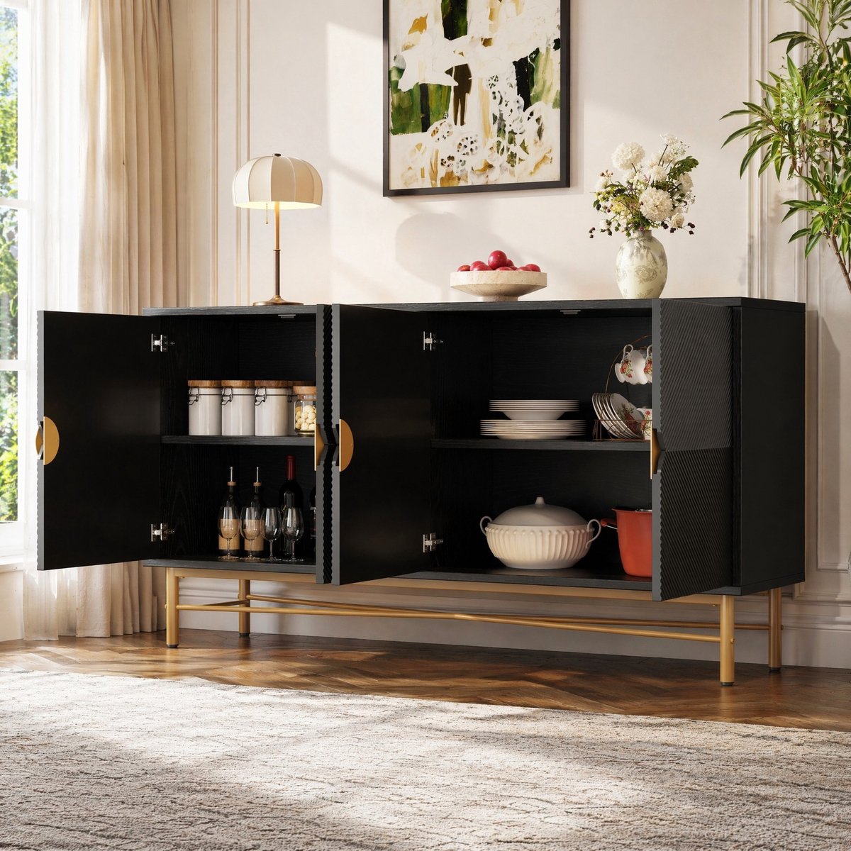 MIVRAY Dressoir - Vier Deuren Met Geribbelde Fronten En Gouden Handgrepen - Voor Woonkamer En Eetkamer - Zwart - 160 Cm