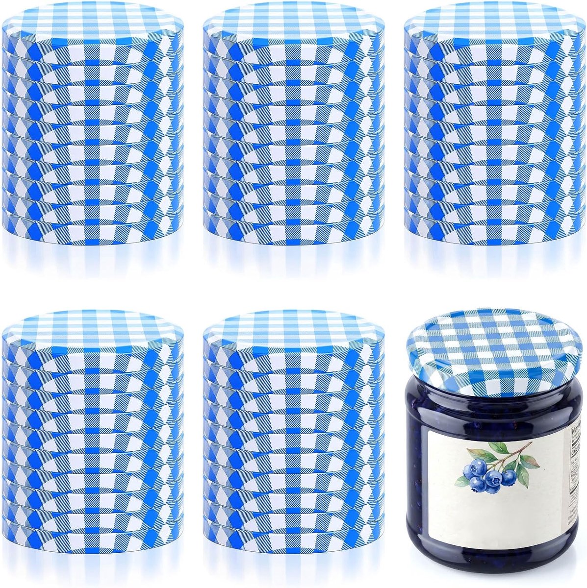 Potten met brede opening, 82 mm, schroefdeksel voor jampotten, inmaakpotten, honing en jam (blauw geruit)