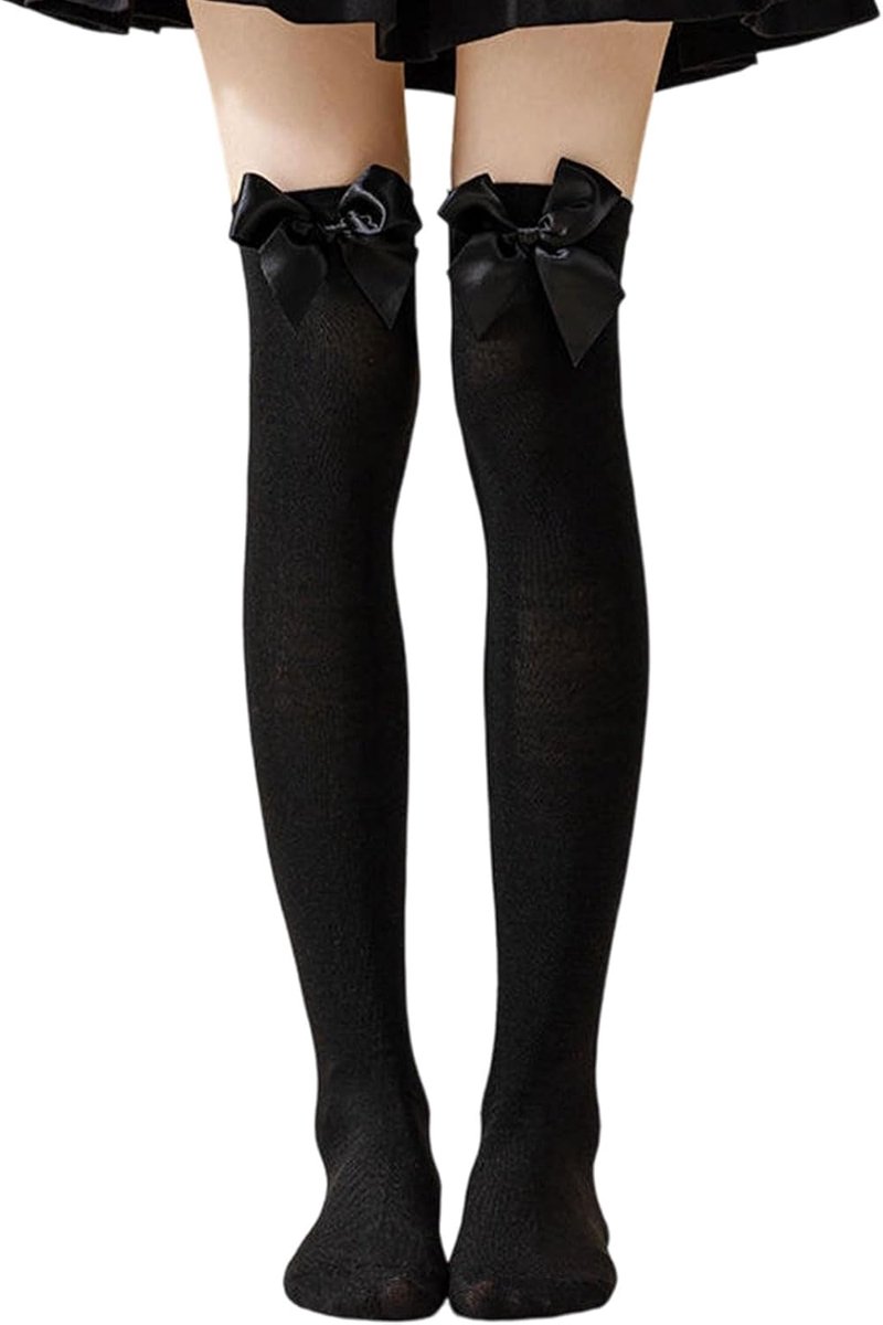 Kniekousen voor dames, strik, overknee-kousen voor dames, zwarte