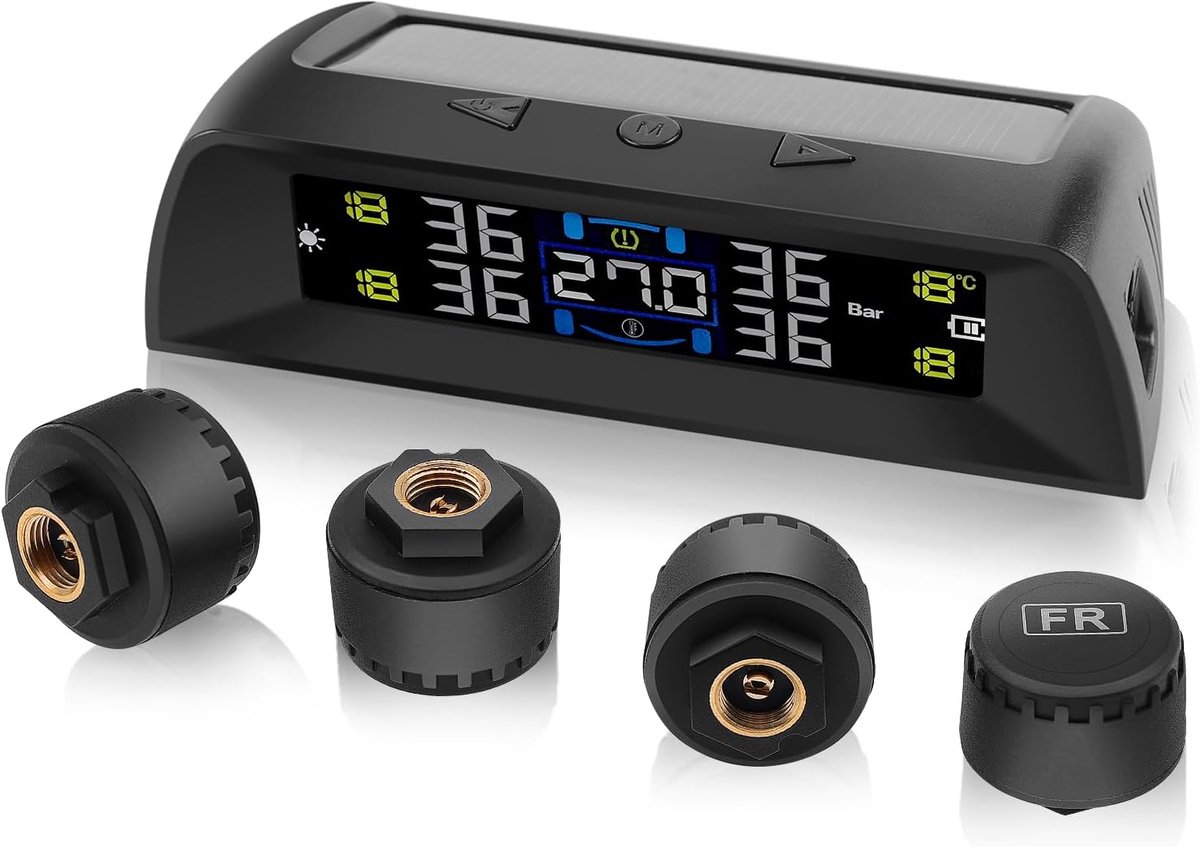Bandenspanningsbewakingssysteem, TPMS met temperatuurbewaking in de auto, zonne-en USB-oplader, 4 externe bandensoren, automatisch aan/uit, voor camper, sedan, SUV, MPV, enz. (0-5 bar)