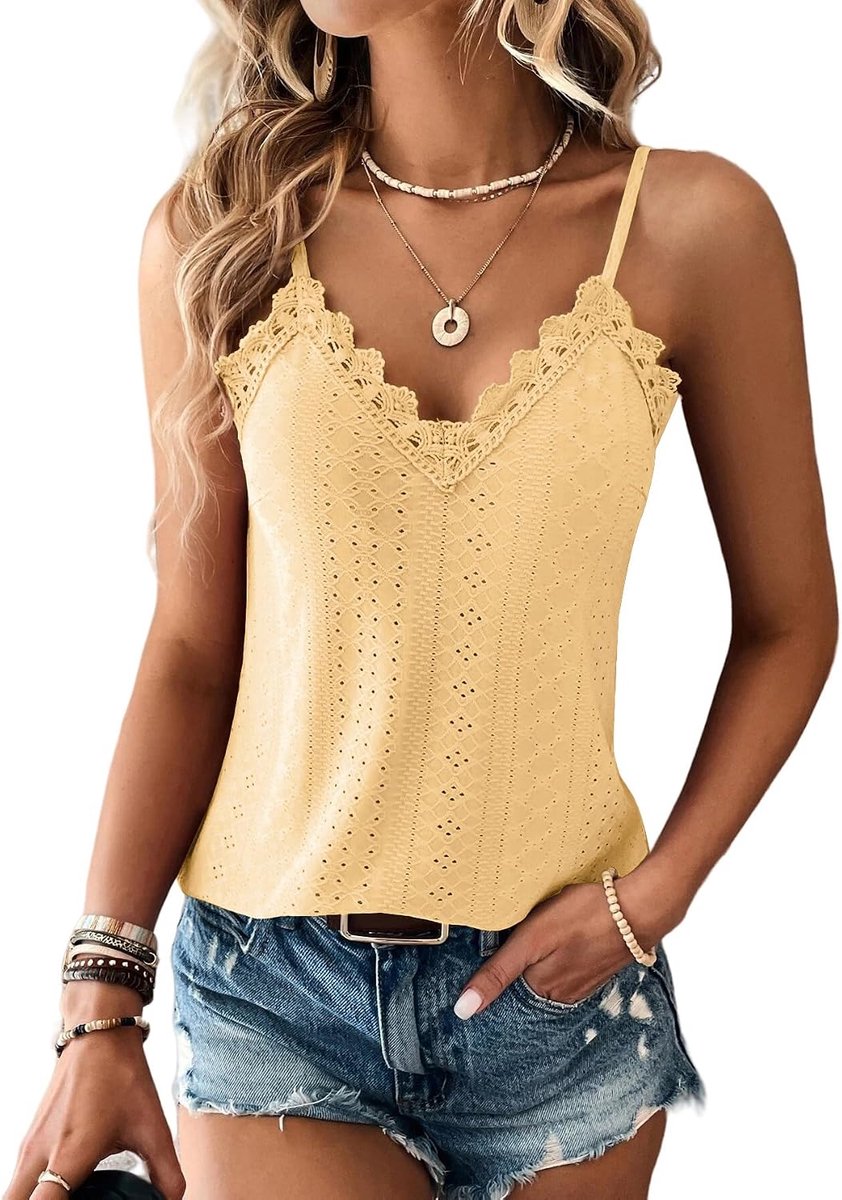 Vest Tops Dames Kanten Rand V-hals Dames Zomertops Tanktops Mouwloze Spaghettibandjes Cami Top Eyelet Borduursel Camisole Losvallende Blouse Shirt