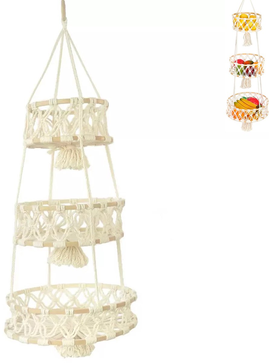 Hangmand met drie lagen geweven fruit - Fruitmand - Hangende fruitmand - Macramé Opbergmand - Drie lagen ruimtebesparend, eenvoudig op te hangen - Katoen - 30×30×110 Cm - Geschikt voor keukens, eetkamers en woonkamers om fruit - Crème Wit