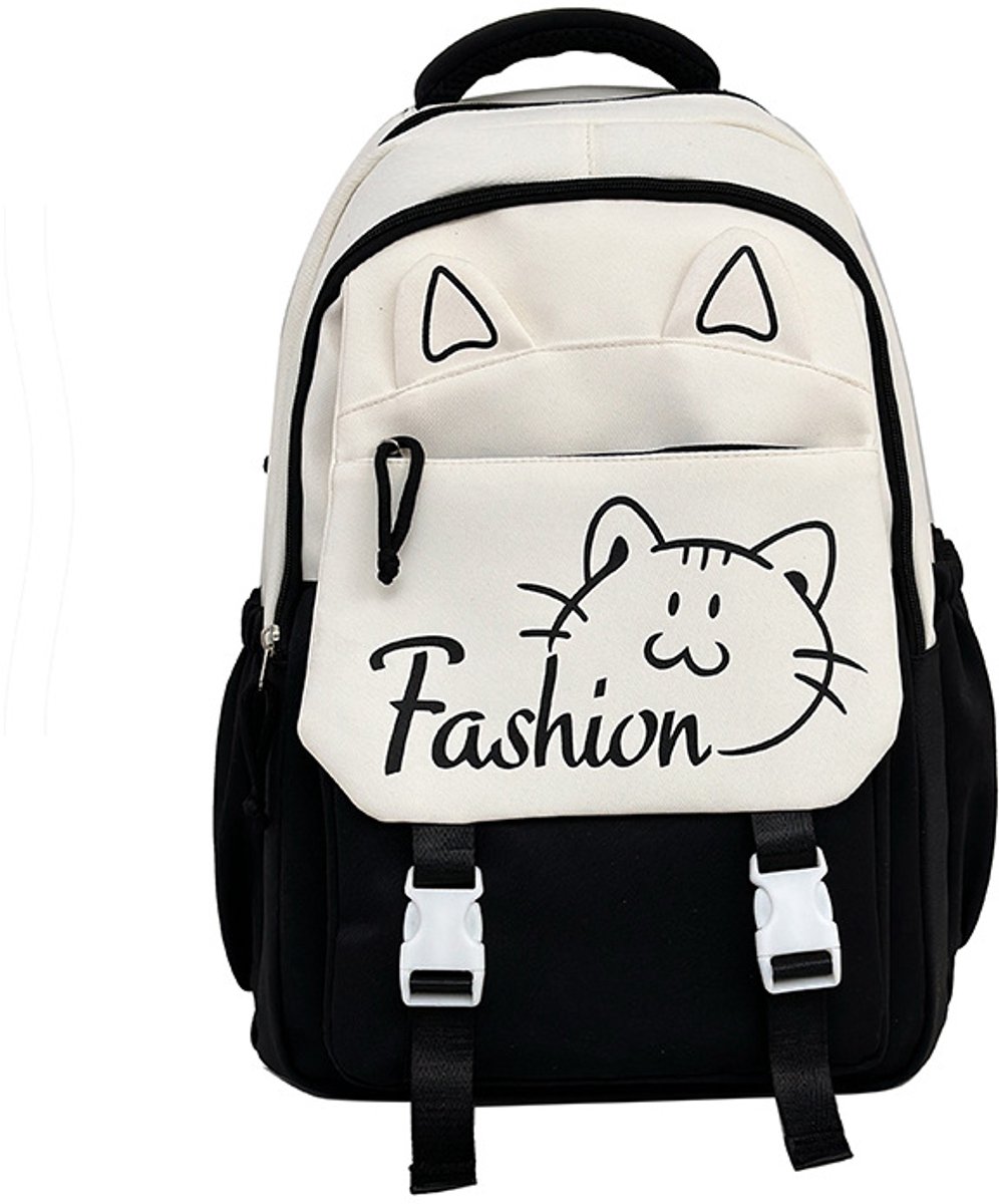 Rugzak met kattenprint en pluche bedeltje, duurzame tas met meerdere vakken voor dagelijks gebruik en op reis, ideaal als cadeau voor de start van het schooljaar (zwart).