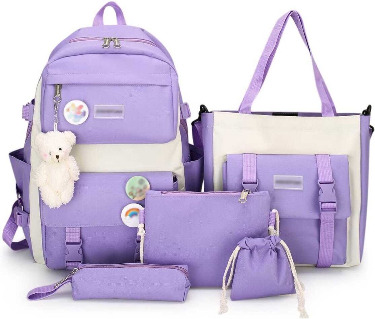 Deze stijlvolle 5-delige rugzakset is geschikt voor studenten, tieners en meisjes. De set bestaat uit een schattige, modieuze en ruime schoudertas in preppy-stijl (paars).
