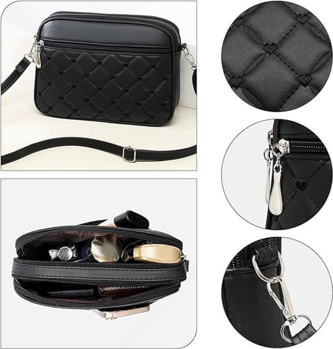 Dames telefoontasje met schouderband - Schoudertasje met geborduurd hartje - Kleine handtas met afneembare schouderband - Stijlvol zwart