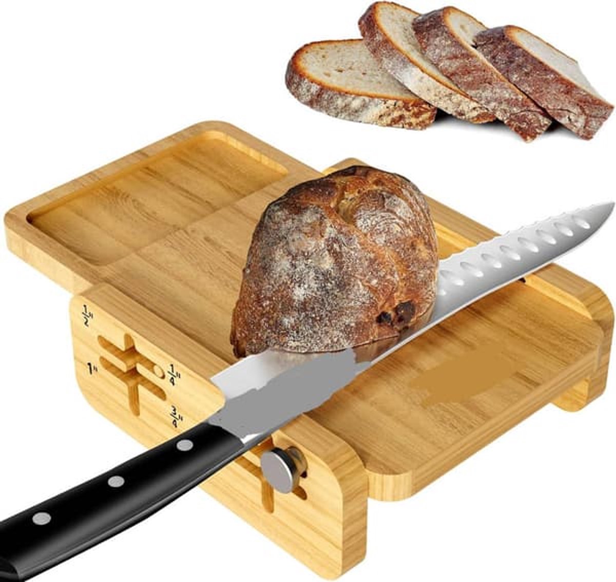 Zelfgemaakte broodsnijmachine, 's werelds eerste horizontale houten broodsnijmachine met kruimellade, verstelbare snijdikte met 3 snijdiktes om uit te kiezen.