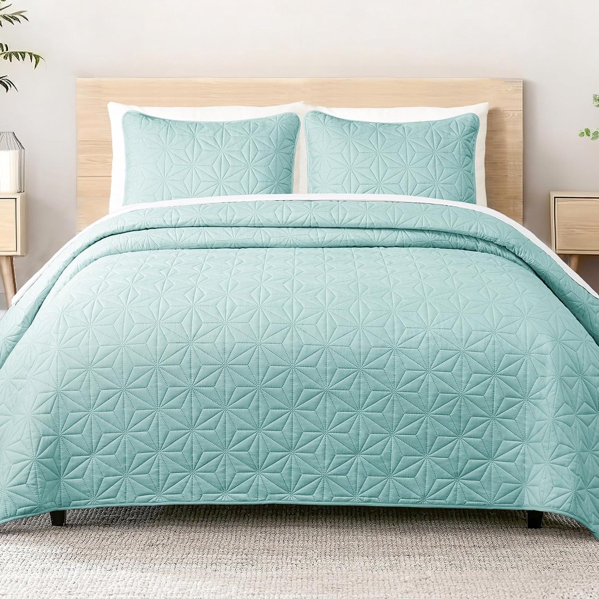 SnelShoppen - Whale Flotilla Bedsprei 240 x 260 cm met 2 Kussenslopen, Zacht en Licht Geometrisch Patroon, Microvezel, Groene Bedsprei voor 4 Seizoene
