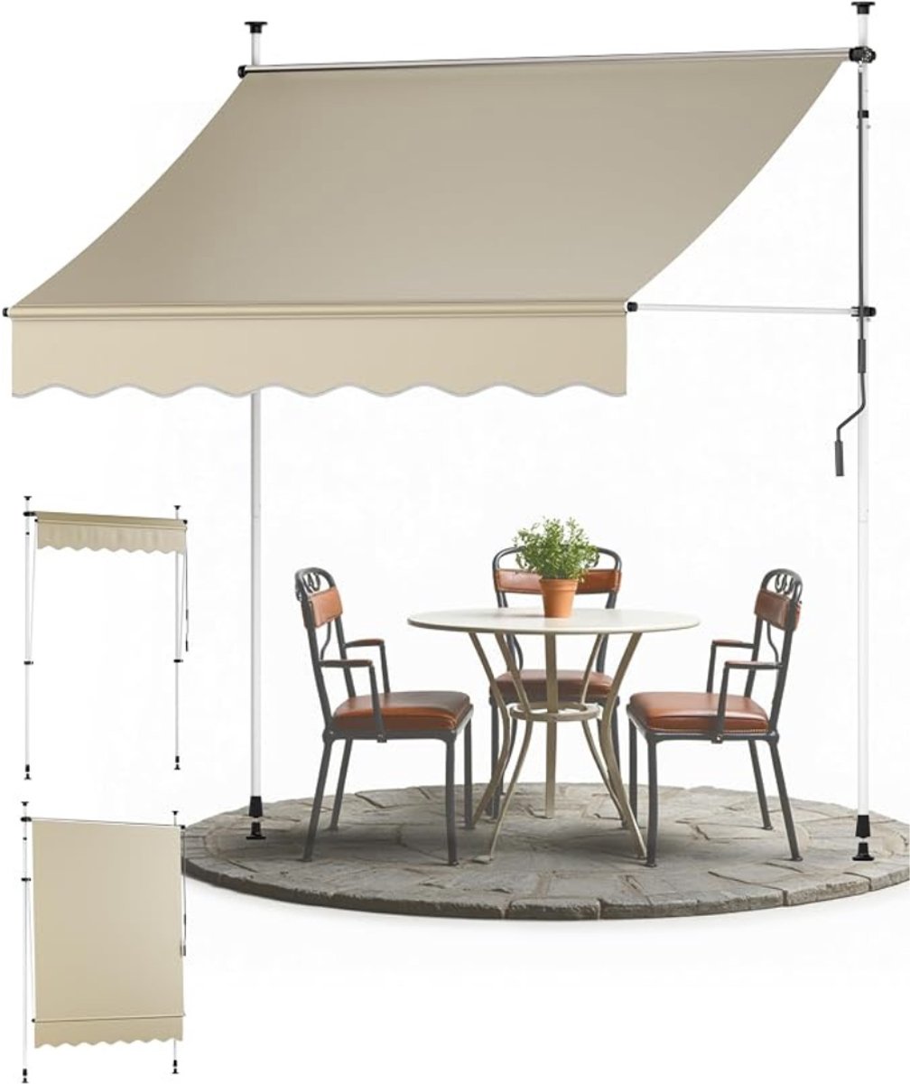 Verte Luifel - Zonwering Zonder Boorklem - Zonnescherm met Handslinger - UV-Bestendig - Beige - 200 CM