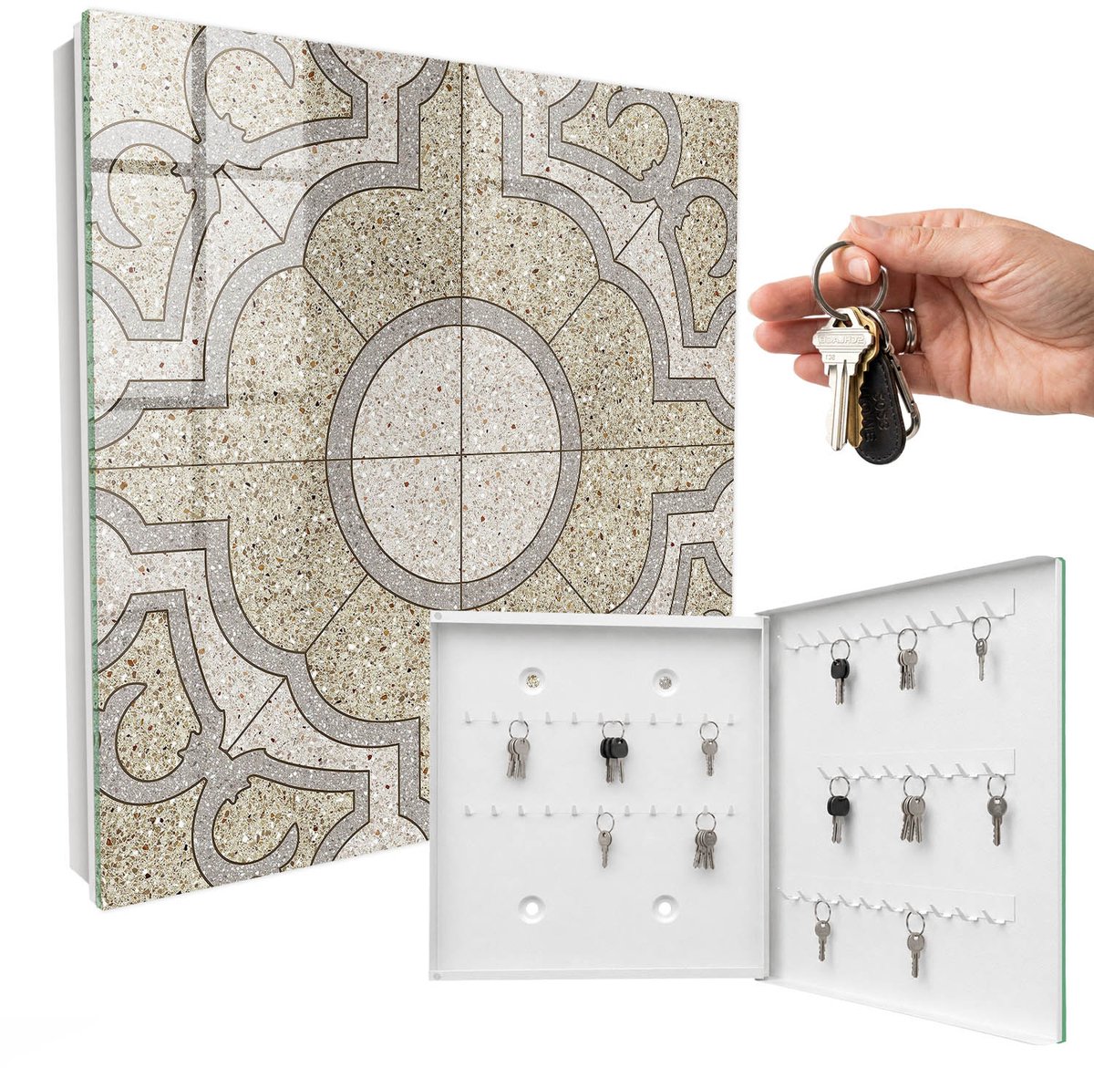 WallMuralia - Sleutelkast - 30x30x5 cm - met 50 haken - Elegant Mozaïek Sleutelkastje - Beige Sleutelbox - Rechtsopenend - Wit interieur