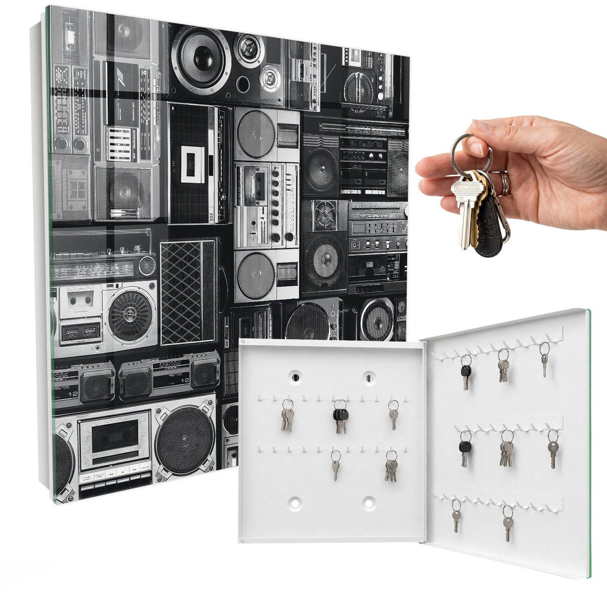 WallMuralia - Sleutelkast - 30x30x5 cm - met 50 haken - Muzikale Nostalgie Sleutelkastje Landelijk - Zwart-Wit Sleutelbox - Rechtsopenend - Wit interieur