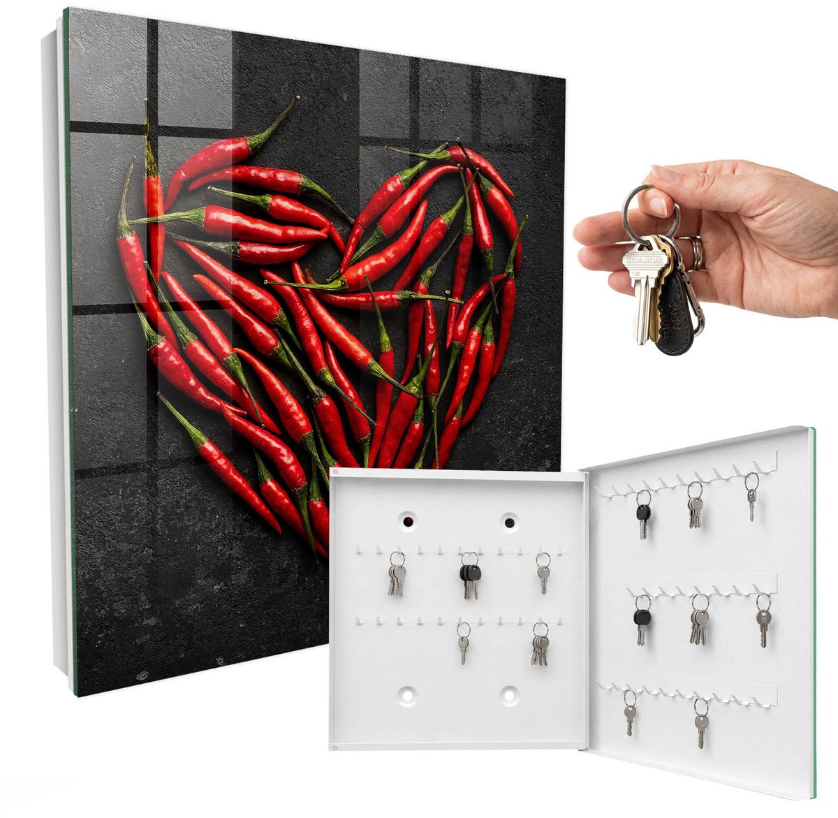 WallMuralia - Sleutelkast - 30x30x5 cm - met 50 haken - Peperhart Sleutelkastje - Rood Sleutelbox - Rechtsopenend - Wit interieur