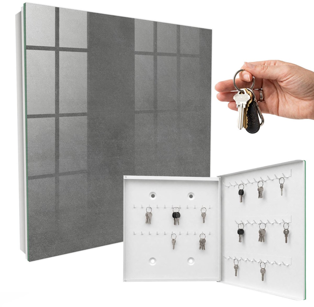 WallMuralia - Sleutelkast - 30x30x5 cm - met 50 haken - Grijze Textuur Sleutelkastje Industrieel - Grijs Sleutelbox - Rechtsopenend - Wit interieur