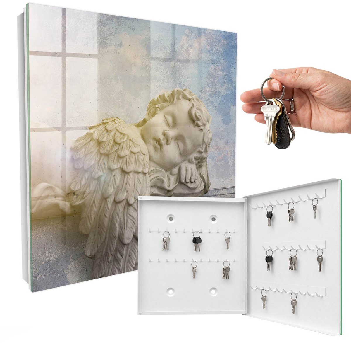 WallMuralia - Sleutelkast - 30x30x5 cm - met 50 haken - Slapende Engel Sleutelkastje Voor Binnen - Beige Sleutelbox - Rechtsopenend - Wit interieur