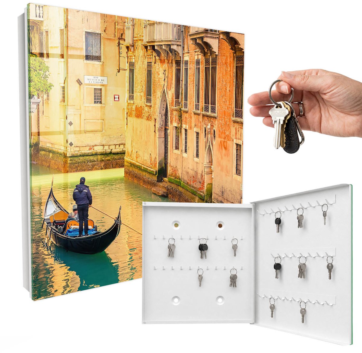 WallMuralia - Sleutelkast - 30x30x5 cm - met 50 haken - Kanaal Van Venetië Sleutelkastje Hal - Oranje Sleutelbox - Rechtsopenend - Wit interieur