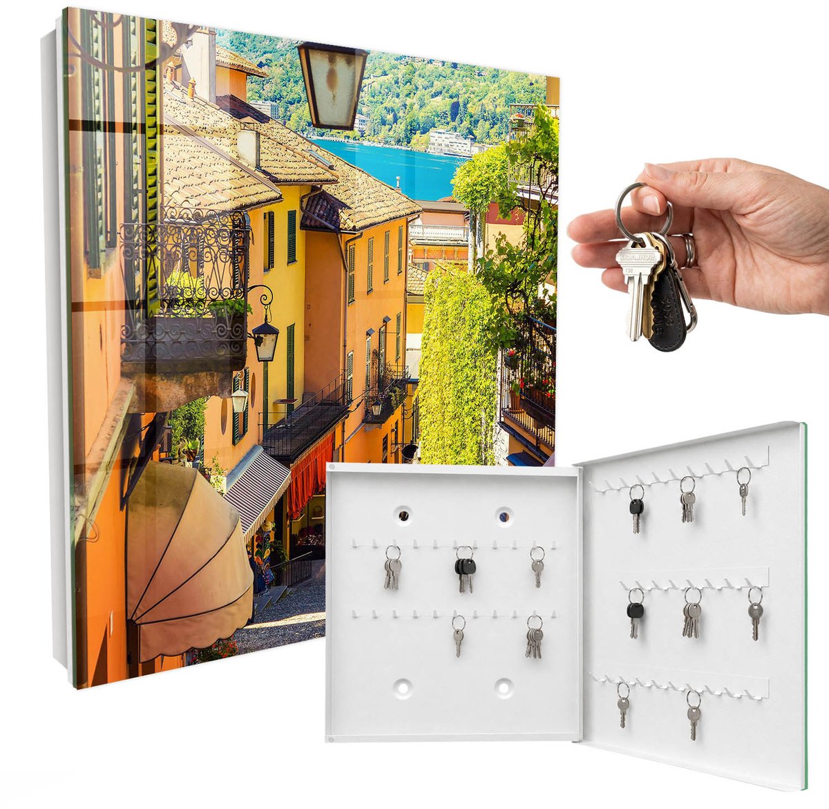 WallMuralia - Sleutelkast - 30x30x5 cm - met 50 haken - Een Kleurrijke Stad Sleutelkastje Huis - Geel Sleutelbox - Rechtsopenend - Wit interieur