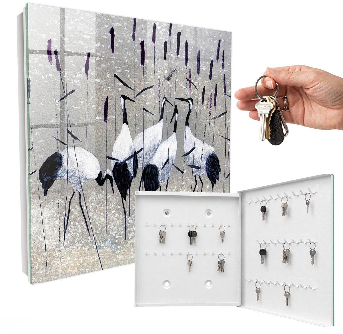 WallMuralia - Sleutelkast - 30x30x5 cm - met 50 haken - Kraanvogels En Riet Sleutelkastje - Grijs Sleutelbox - Rechtsopenend - Wit interieur