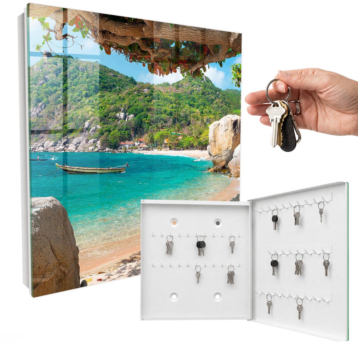 WallMuralia - Sleutelkast - 30x30x5 cm - met 50 haken - Een Paradijselijk Uitzicht Sleutelkastje Landelijk - Turkoois Sleutelbox - Rechtsopenend - Wit interieur