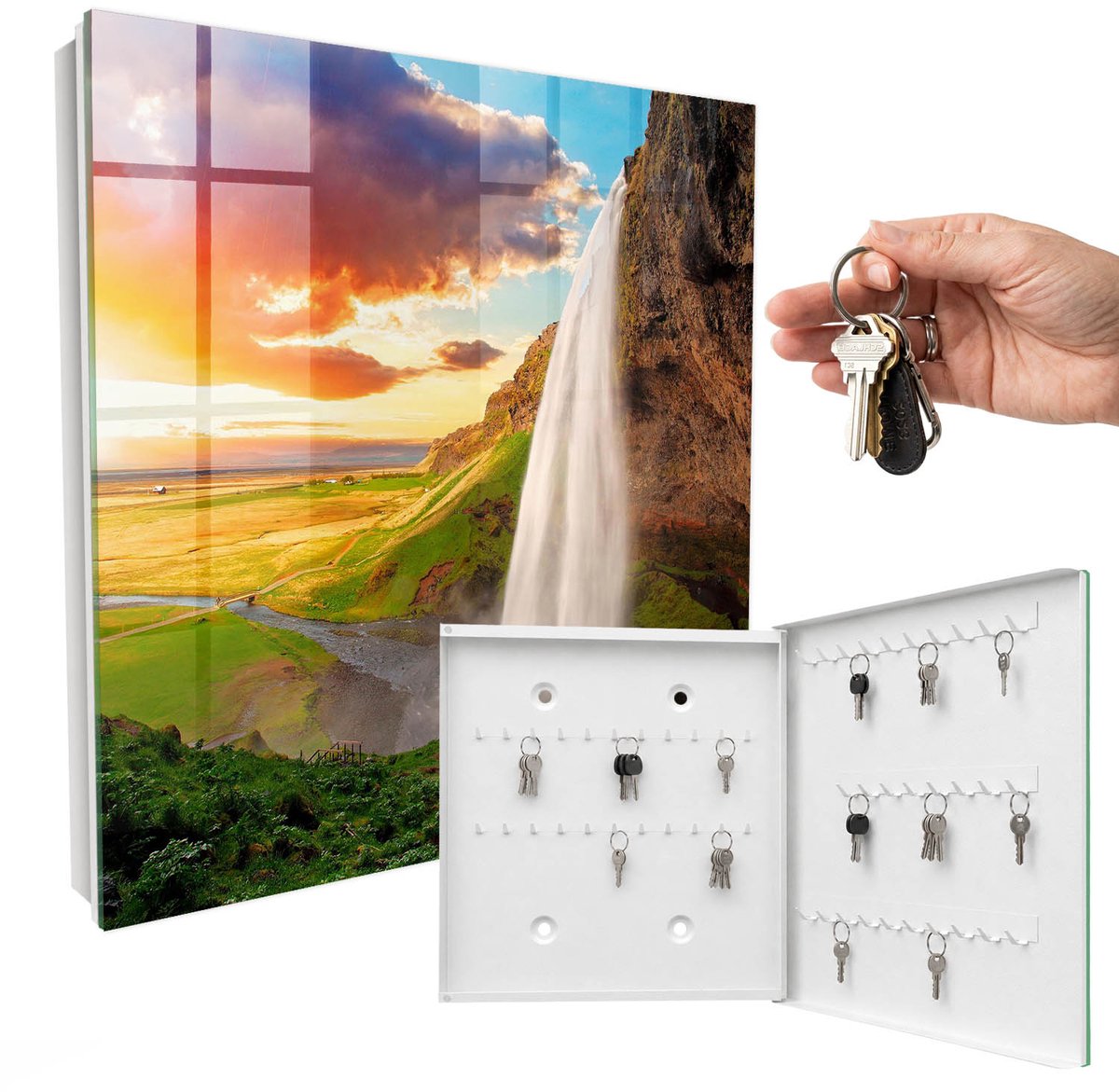 WallMuralia - Sleutelkast - 30x30x5 cm - met 50 haken - Een Adembenemend Landschap Sleutelkastje Muur - Groente Sleutelbox - Rechtsopenend - Wit interieur