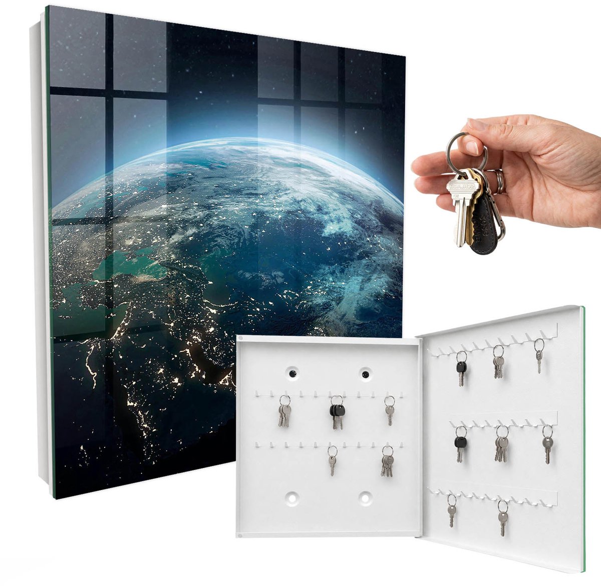 WallMuralia - Sleutelkast - 30x30x5 cm - met 50 haken - Nacht Aarde Sleutelkastje - Blauw Sleutelbox - Rechtsopenend - Wit interieur
