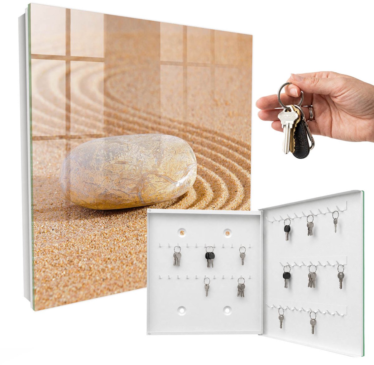 WallMuralia - Sleutelkast - 30x30x5 cm - met 50 haken - Een Steen In Het Zand Sleutelkastje Gang - Beige Sleutelbox - Rechtsopenend - Wit interieur