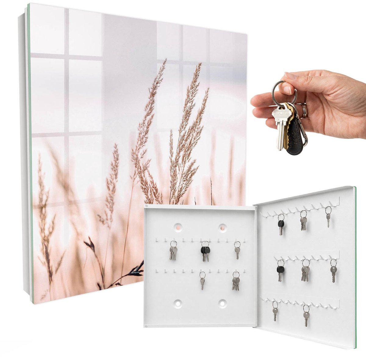WallMuralia - Sleutelkast - 30x30x5 cm - met 50 haken - Weide Elegantie Sleutelkastje Design - Beige Sleutelbox - Rechtsopenend - Wit interieur