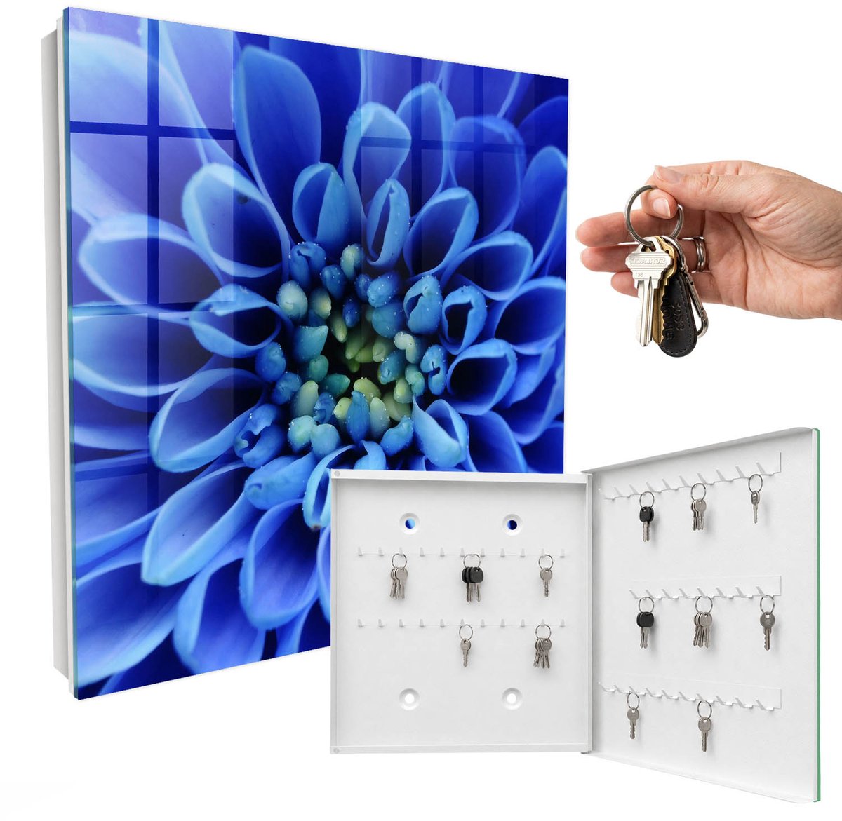 WallMuralia - Sleutelkast - 30x30x5 cm - met 50 haken - Blauwe Bloem Sleutelkastje Design - Blauw Sleutelbox - Rechtsopenend - Wit interieur