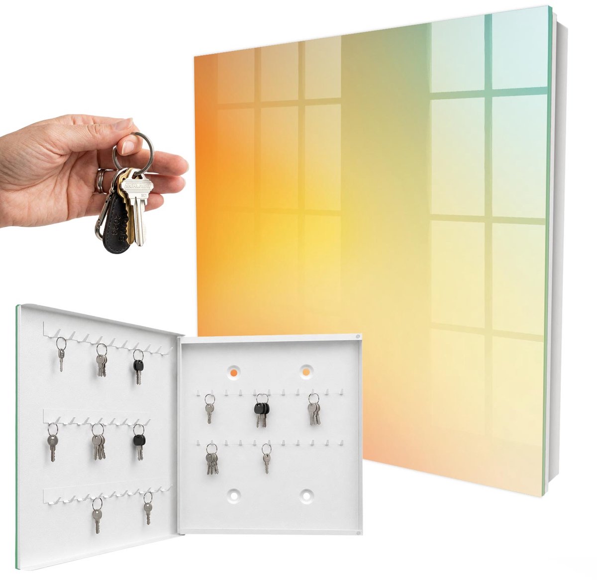 WallMuralia - Sleutelkast - 30x30x5 cm - met 50 haken - Kleurrijk Verloop Sleutelkastje Modern - Oranje Sleutelbox - Linksopenend - Wit interieur