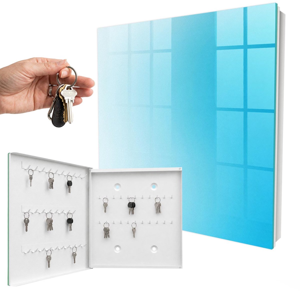WallMuralia - Sleutelkast - 30x30x5 cm - met 50 haken - Blauwe Gradiënt Sleutelkastje Gang - Blauw Sleutelbox - Linksopenend - Wit interieur