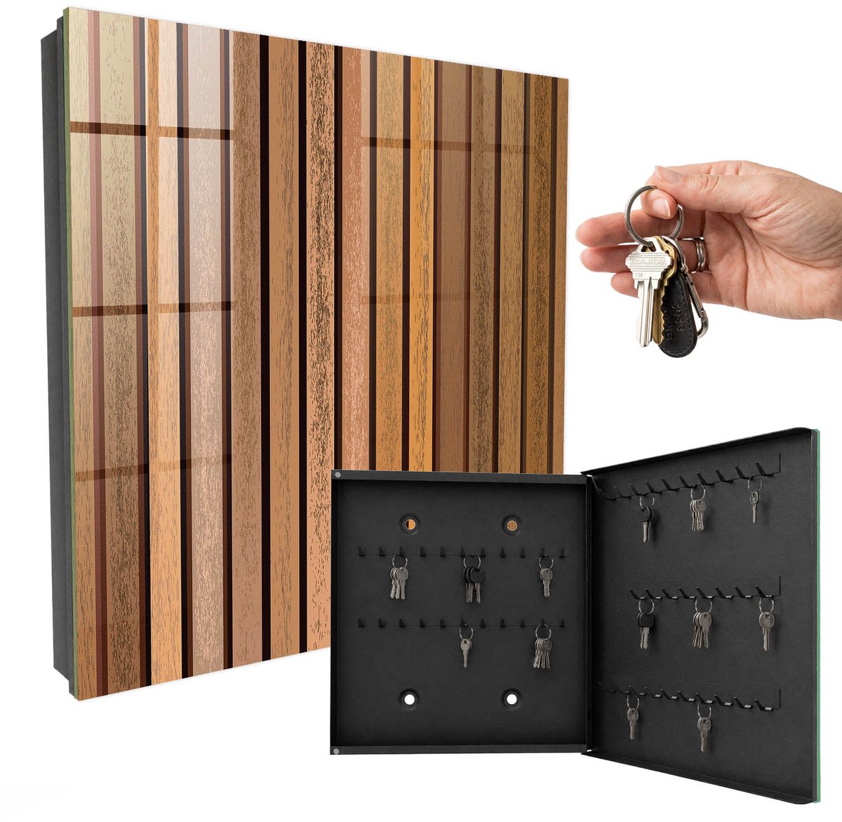 WallMuralia - Sleutelkast - 30x30x5 cm - met 50 haken - Warme Lijnen Sleutelkastje Landelijk - Bruin Sleutelbox - Rechtsopenend - Zwart interieur