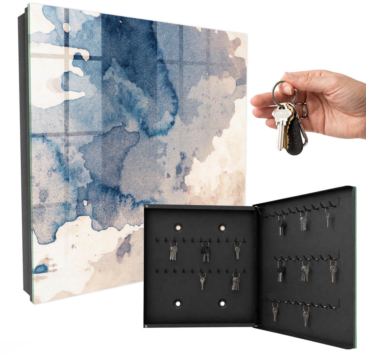WallMuralia - Sleutelkast - 30x30x5 cm - met 50 haken - Aquarelvlekken Sleutelkastje Landelijk - Blauw Sleutelbox - Rechtsopenend - Zwart interieur