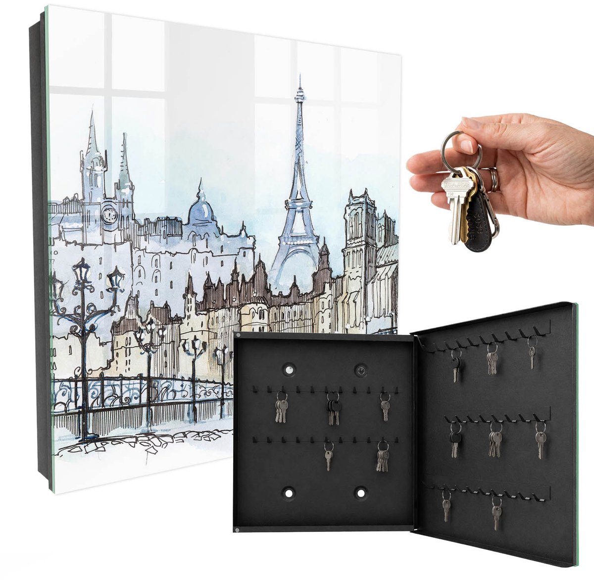 WallMuralia - Sleutelkast - 30x30x5 cm - met 50 haken - Sterke Toren Design Sleutelkastje - Blauw Sleutelbox - Rechtsopenend - Zwart interieur