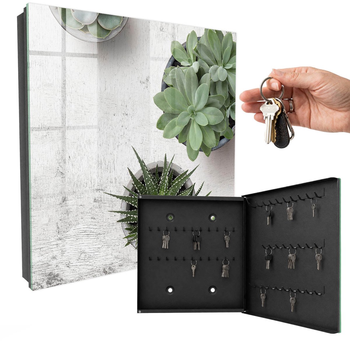 WallMuralia - Sleutelkast - 30x30x5 cm - met 50 haken - Groene Vetplanten Sleutelkastje Industrieel - Groente Sleutelbox - Rechtsopenend - Zwart interieur