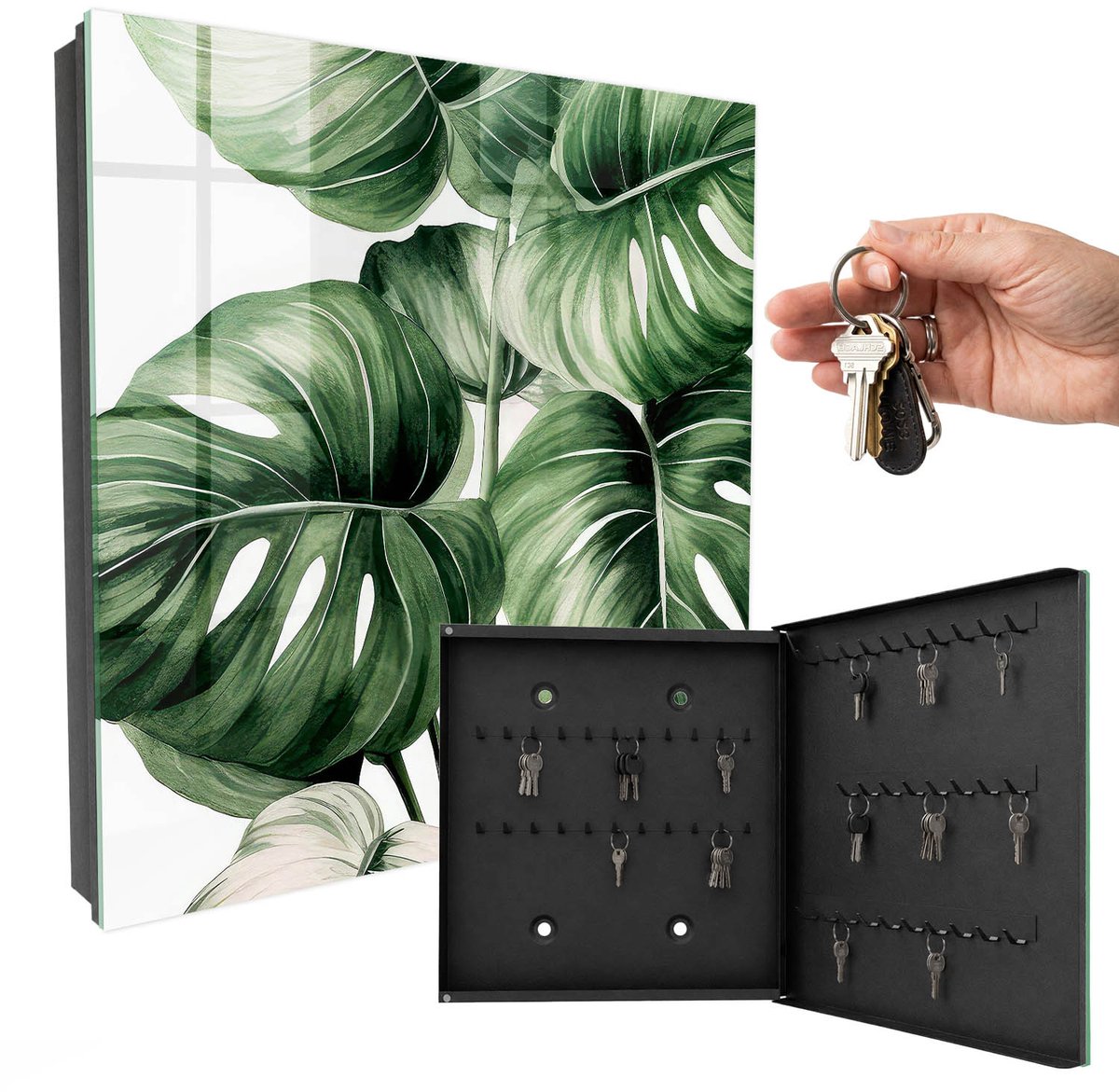 WallMuralia - Sleutelkast - 30x30x5 cm - met 50 haken - Groene Bladeren Sleutelkastje Gang - Groente Sleutelbox - Rechtsopenend - Zwart interieur