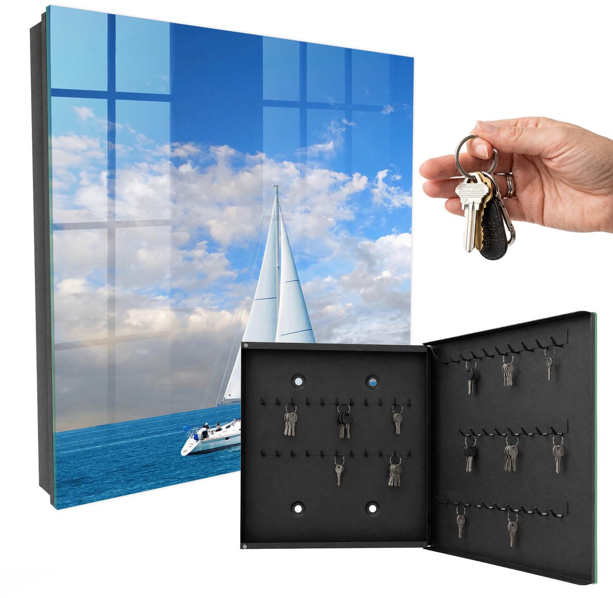 WallMuralia - Sleutelkast - 30x30x5 cm - met 50 haken - Zeeavontuur Sleutelkastje Design - Blauw Sleutelbox - Rechtsopenend - Zwart interieur