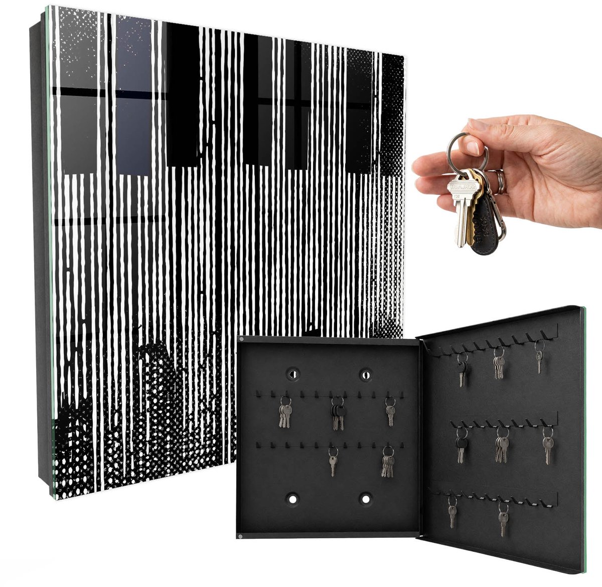 WallMuralia - Sleutelkast - 30x30x5 cm - met 50 haken - Geometrische Lijnen Sleutelkastje Klein - Zwart-Wit Sleutelbox - Rechtsopenend - Zwart interieur