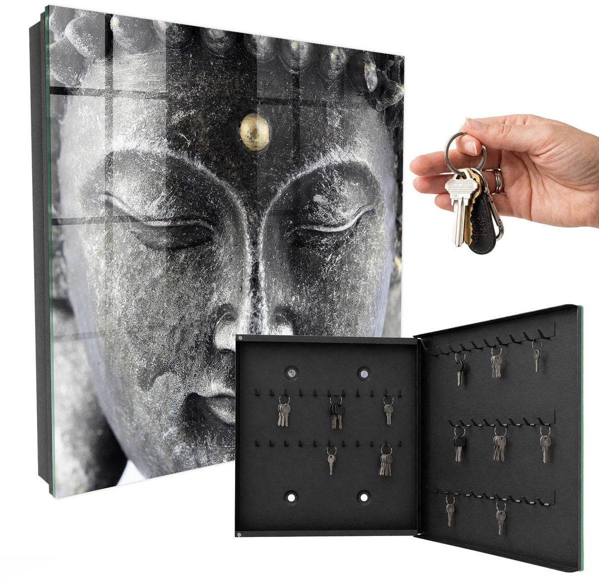 WallMuralia - Sleutelkast - 30x30x5 cm - met 50 haken - Zen-Portret Sleutelkastje Binnen - Grijs Sleutelbox - Rechtsopenend - Zwart interieur
