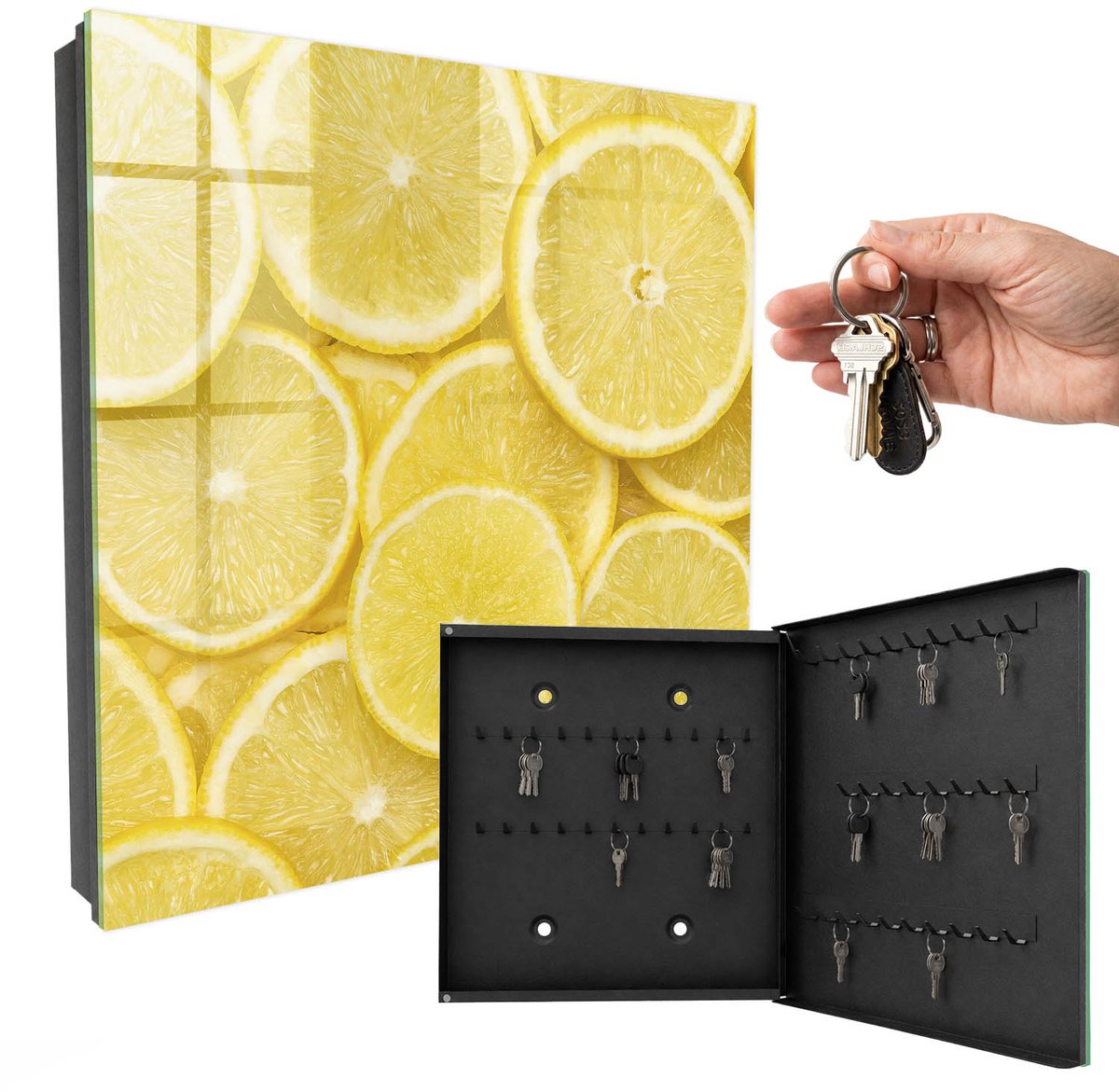 WallMuralia - Sleutelkast - 30x30x5 cm - met 50 haken - Citroenschijfjes Sleutelkastje Klein - Geel Sleutelbox - Rechtsopenend - Zwart interieur