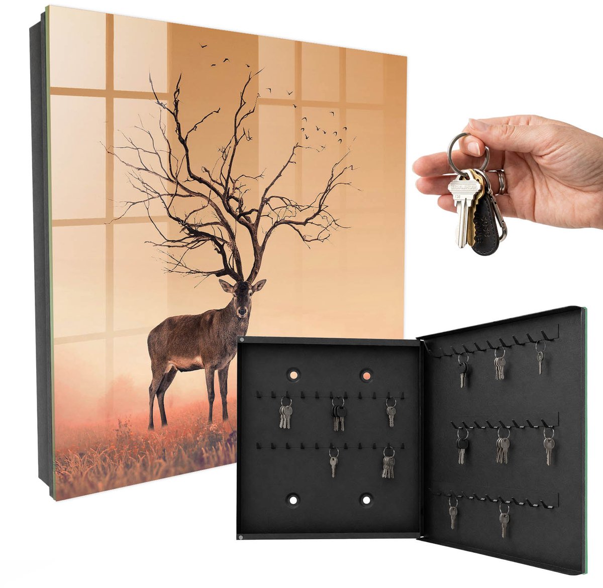 WallMuralia - Sleutelkast - 30x30x5 cm - met 50 haken - Magisch Hert Sleutelkastje Hal - Oranje Sleutelbox - Rechtsopenend - Zwart interieur