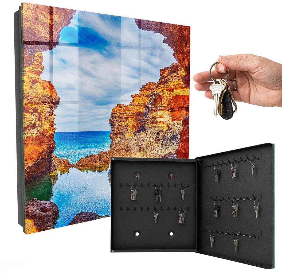 WallMuralia - Sleutelkast - 30x30x5 cm - met 50 haken - Zonnige Kust Sleutelkastje Voor Binnen - Oranje Sleutelbox - Rechtsopenend - Zwart interieur