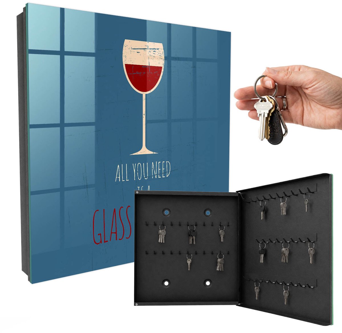 WallMuralia - Sleutelkast - 30x30x5 cm - met 50 haken - Een Glas Wijn Sleutelkastje Voor Binnen - Blauw Sleutelbox - Rechtsopenend - Zwart interieur