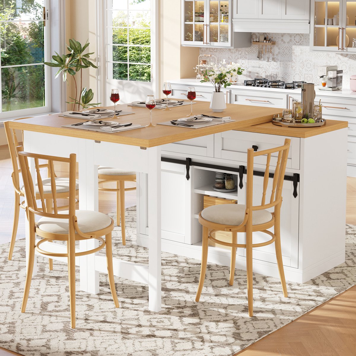 MIVRAY Keukeneiland Tafel - 360 Graden Draaibaar Met Schuifdeuren En 2 Lades - Voor Keuken En Eetkamer - Wit Hout - 120 Tot 197 Cm