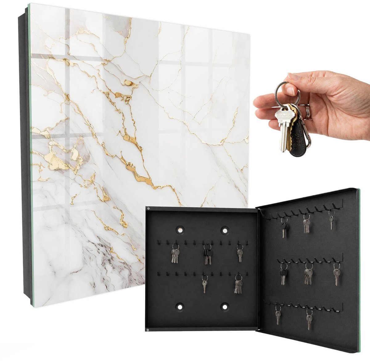 WallMuralia - Sleutelkast - 30x30x5 cm - met 50 haken - Prachtig Marmerpatroon Sleutelkastje Huis - Wit Sleutelbox - Rechtsopenend - Zwart interieur