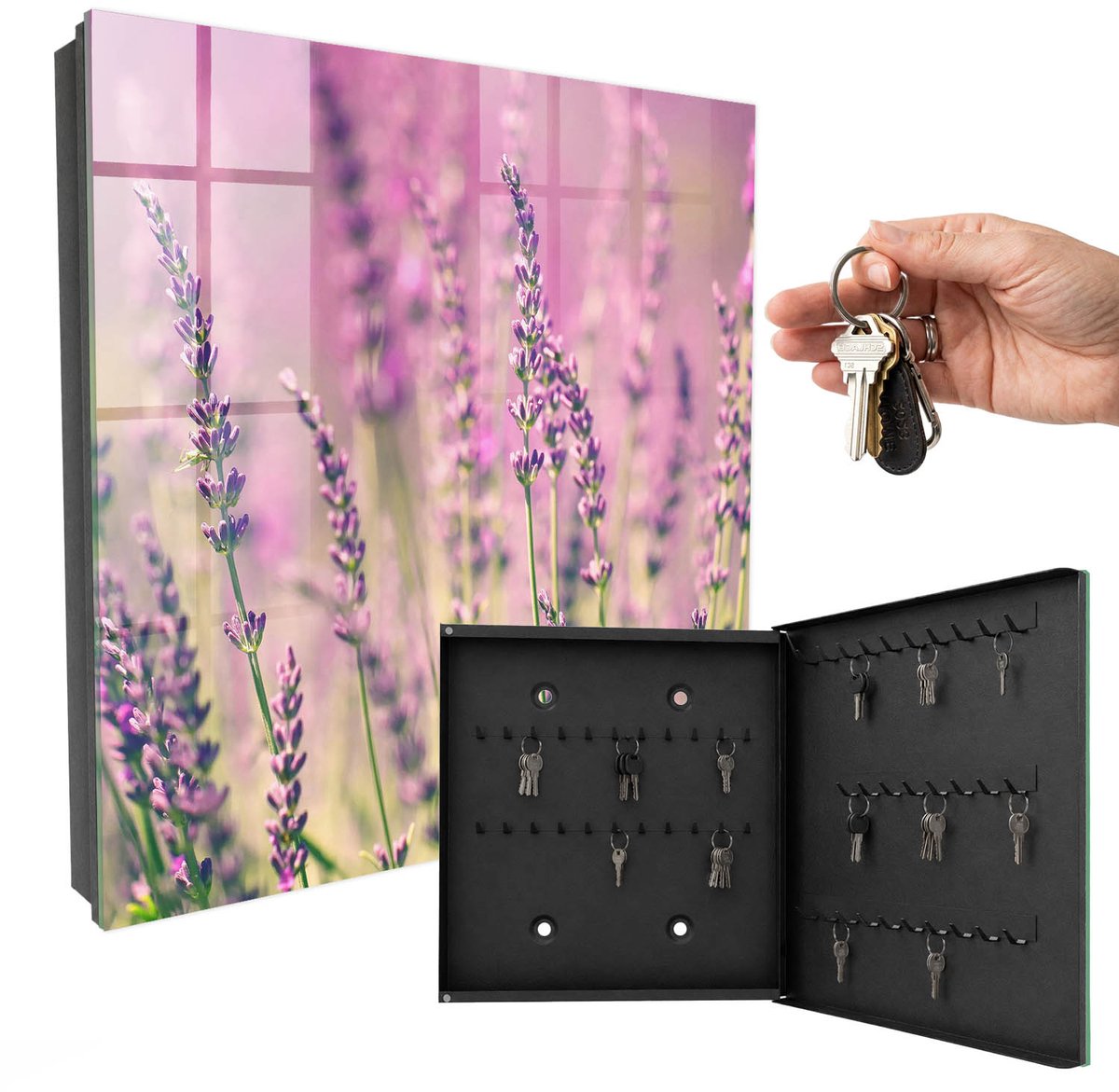 WallMuralia - Sleutelkast - 30x30x5 cm - met 50 haken - Paarse Tuin Groot Sleutelkastje - Paars Sleutelbox - Rechtsopenend - Zwart interieur