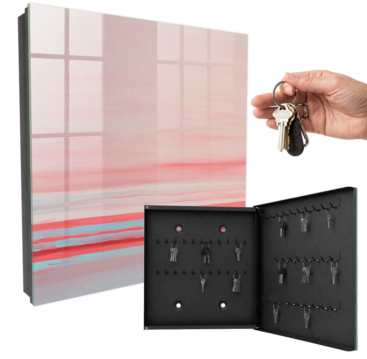 WallMuralia - Sleutelkast - 30x30x5 cm - met 50 haken - Pastelkleurige Strepen Design Sleutelkastje - Roze Sleutelbox - Rechtsopenend - Zwart interieur