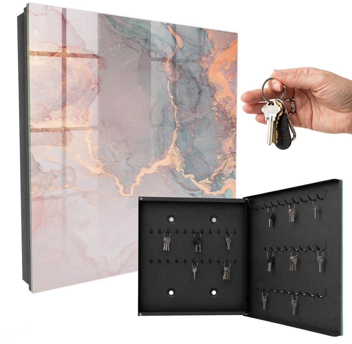 WallMuralia - Sleutelkast - 30x30x5 cm - met 50 haken - Subtiele Elegantie Sleutelkastje Binnen - Roze Sleutelbox - Rechtsopenend - Zwart interieur