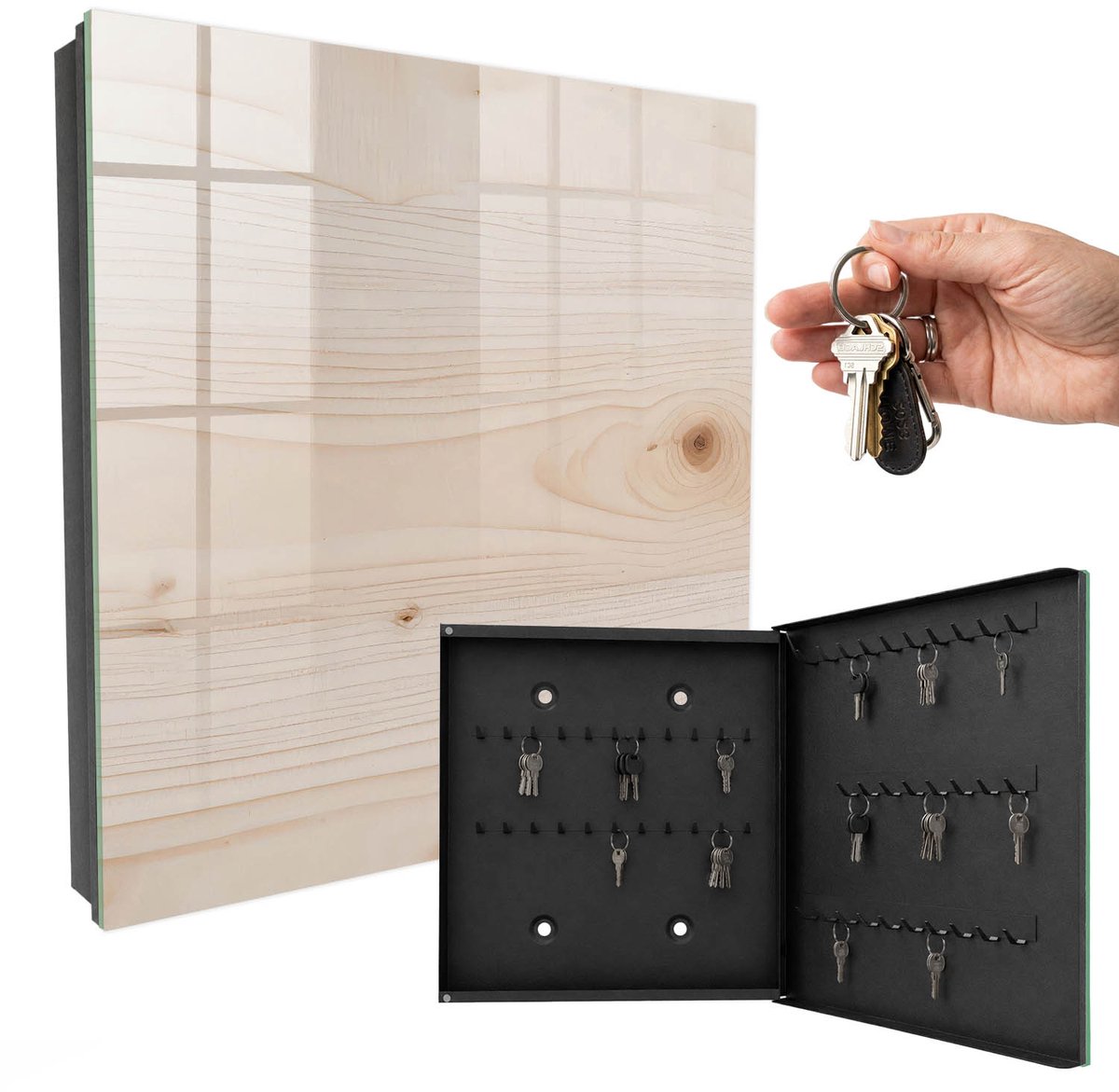 WallMuralia - Sleutelkast - 30x30x5 cm - met 50 haken - Houtstructuur Design Sleutelkastje - Beige Sleutelbox - Rechtsopenend - Zwart interieur