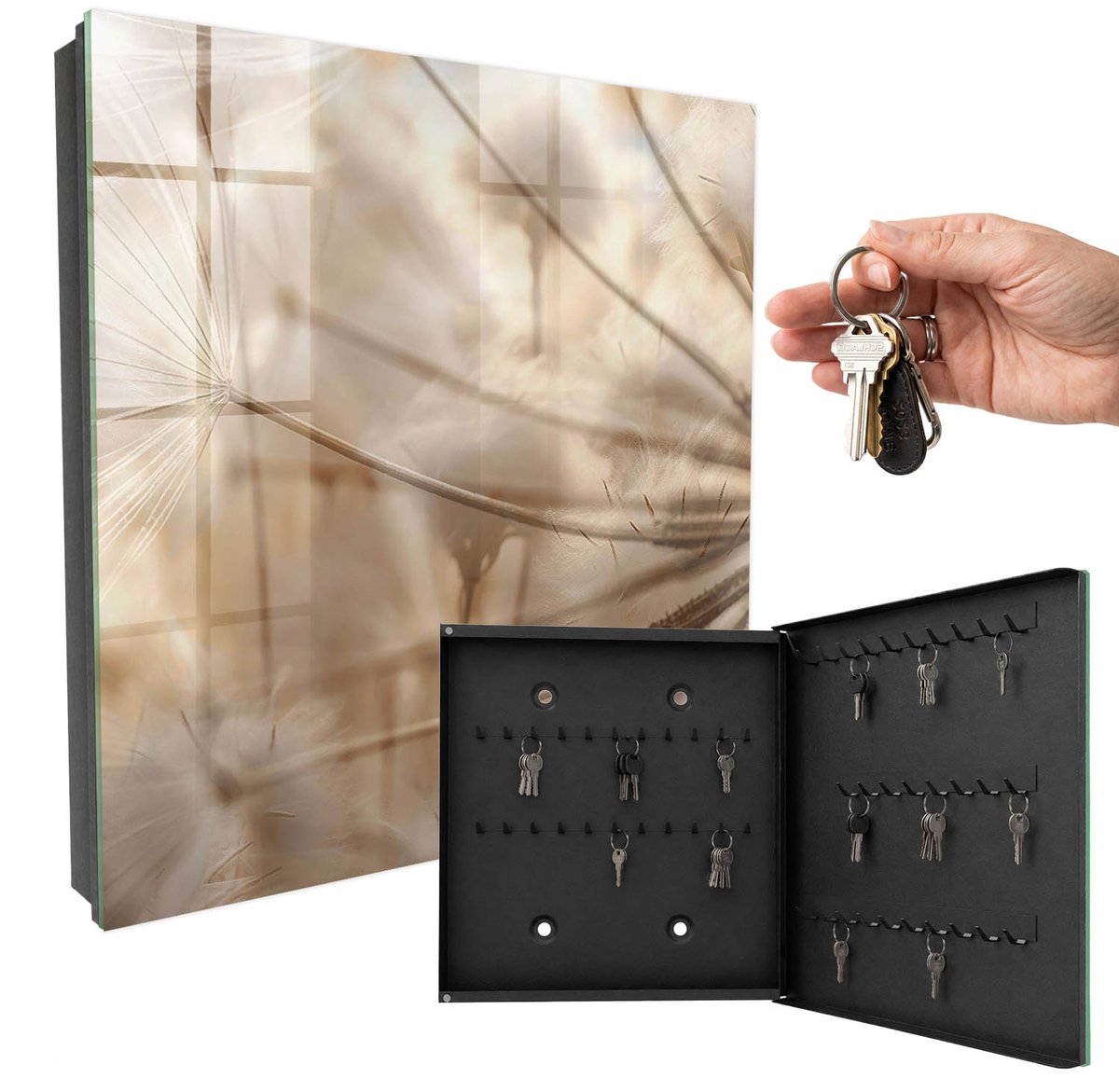 WallMuralia - Sleutelkast - 30x30x5 cm - met 50 haken - Beige Paardenbloemen Sleutelkastje Design - Beige Sleutelbox - Rechtsopenend - Zwart interieur